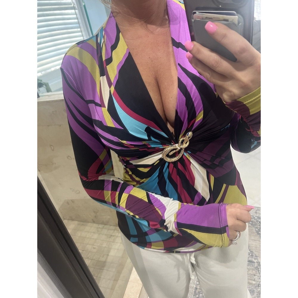 Cache Vintage V Neck Jersey Blouse Long Sleeve Gold Snake Brooch Multicolor S